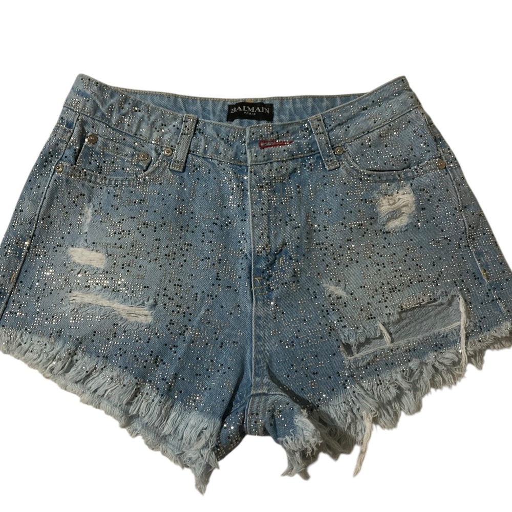 Balmain Blue Distressed All Over Studded Jean Shorts NEW